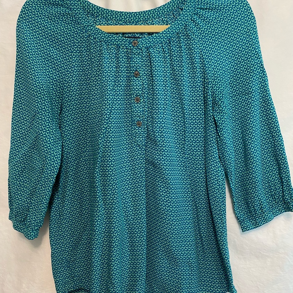 Gap Roll Tab Sleeve Abstract Floral Pattern Button Down Green Blue Top Sz S